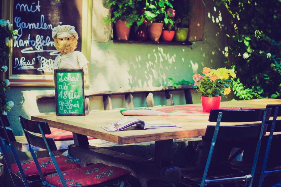 A patio table with a pot of orange flowers and folding chairs in dappled sun